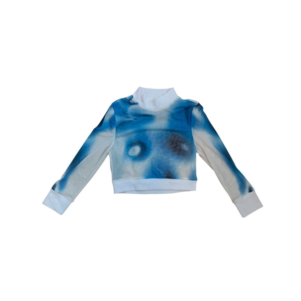 Sheer Mesh Top Blue White Abstract Tie Dye Crop Small Festival Rave Cyber